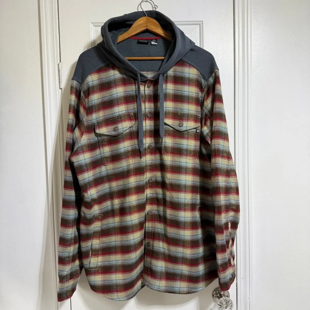 Marmot Men's flannel Plaid Hooded Shirt jacket Shacket Blue Red size XXL